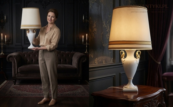 Lampa porcelanowa Kaiser vintage – biała ze złotymi łabędziami i abażurem